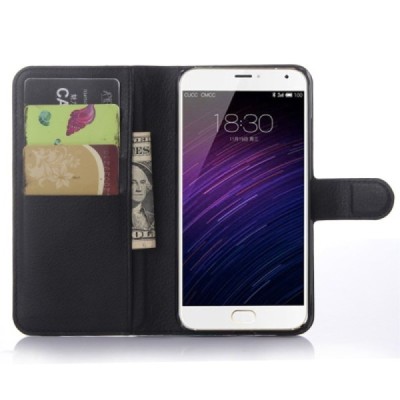 Meizu MX5 atvēramais melns ādas Litchi maciņš - maks / Vacins.lv