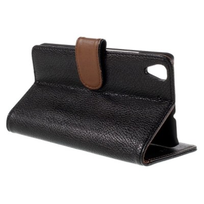 Huawei Y6 atvēramais melns ādas Litchi maciņš - maks / Vacins.lv