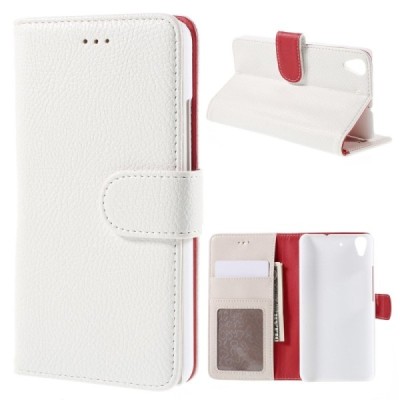 Huawei Y6 atvēramais balts ādas Litchi maciņš - maks / Vacins.lv