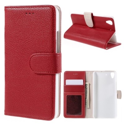 Huawei Y6 atvēramais sarkans ādas Litchi maciņš - maks / Vacins.lv