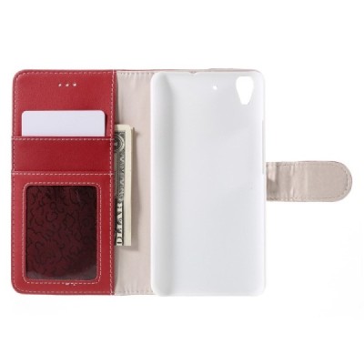 Huawei Y6 atverčiamas raudonas odinis Litchi dėklas - piniginė / Priedai.lt