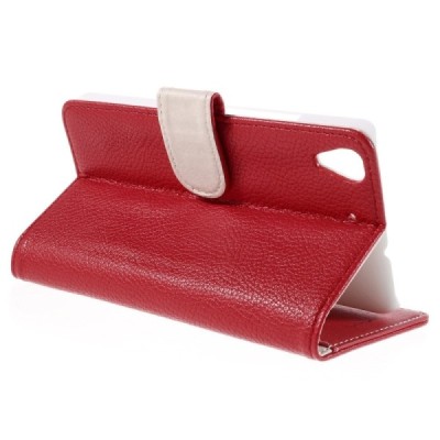 Huawei Y6 atverčiamas raudonas odinis Litchi dėklas - piniginė / Priedai.lt