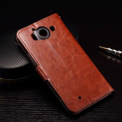 Microsoft Lumia 950 atverčiamas rudas odinis dėklas - piniginė / Priedai.lt