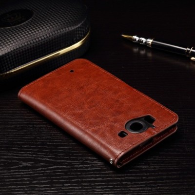 Microsoft Lumia 950 atverčiamas rudas odinis dėklas - piniginė / Priedai.lt