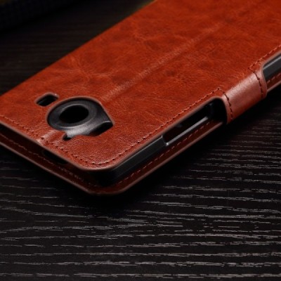 Microsoft Lumia 950 atverčiamas rudas odinis dėklas - piniginė / Priedai.lt