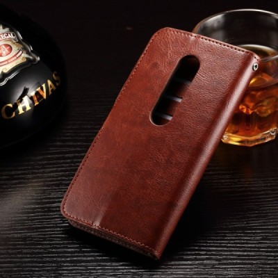 Motorola Moto G 3 kartos (Gen 3) atverčiamas rudas odinis dėklas - piniginė / Priedai.lt