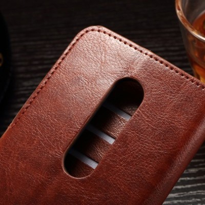 Motorola Moto G 3 kartos (Gen 3) atverčiamas rudas odinis dėklas - piniginė / Priedai.lt