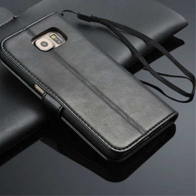 Samsung Galaxy S6 Edge (G925) atvēramais ādas melns maciņš (maks) / Vacins.lv