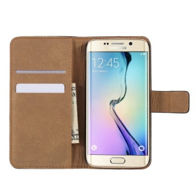 Samsung Galaxy S6 Edge (G925) atvēramais ādas melns maciņš (maks) / Vacins.lv