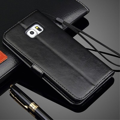 Samsung Galaxy S6 Edge+ (G928) atvēramais ādas melns maciņš (maks) / Vacins.lv