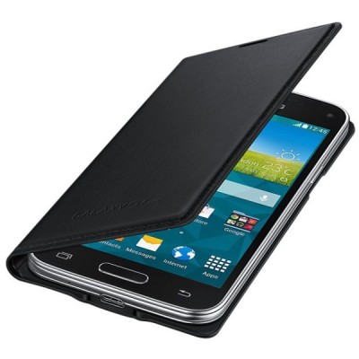 Samsung Galaxy S5 mini (G800) oficiāls Flip Cover atvērams melns ādas maciņš (maks) / Vacins.lv