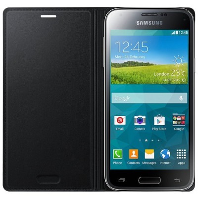 Samsung Galaxy S5 mini (G800) oficiāls Flip Cover atvērams melns ādas maciņš (maks) / Vacins.lv