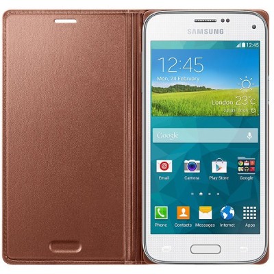 Samsung Galaxy S5 mini (G800) originalus Flip Cover atverčiamas auksinis odinis dėklas - piniginė / Priedai.lt