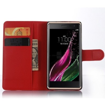 LG Zero (H650E) atverčiamas raudonas odinis Litchi dėklas - piniginė / Priedai.lt