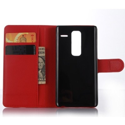 LG Zero (H650E) atverčiamas raudonas odinis Litchi dėklas - piniginė / Priedai.lt