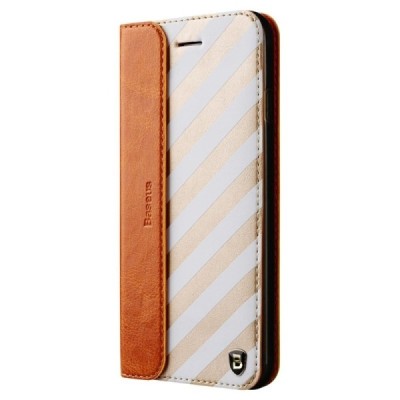 Apple iPhone 6 (6s) „Baseus“ Collocation solidus atverčiamas odinis raštuotas dėklas - knygutė (piniginė) - baltas, auksinis / P