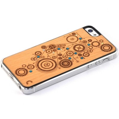 Apple iPhone SE (5, 5s) „Crafted Cover“ Mechanizmas su kristalais natūralaus medžio dėklas (šviesus medis) / Priedai.lt