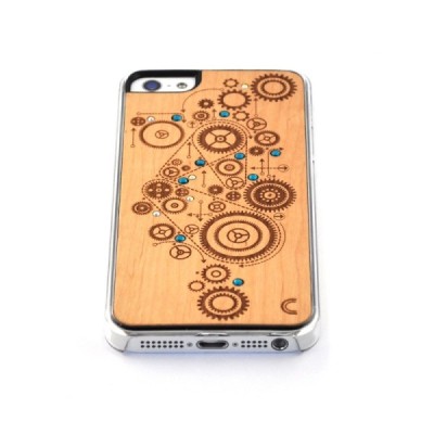 Apple iPhone SE (5, 5s) „Crafted Cover“ Mechanizmas su kristalais natūralaus medžio dėklas (šviesus medis) / Priedai.lt