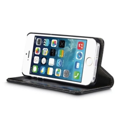 Apple iPhone SE (5, 5s) „CaseMe“ solidus atverčiamas juodas odinis dėklas - knygutė / Priedai.lt