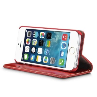 Apple iPhone SE (5, 5s) „CaseMe“ solidus atverčiamas raudonas odinis dėklas - knygutė / Priedai.lt