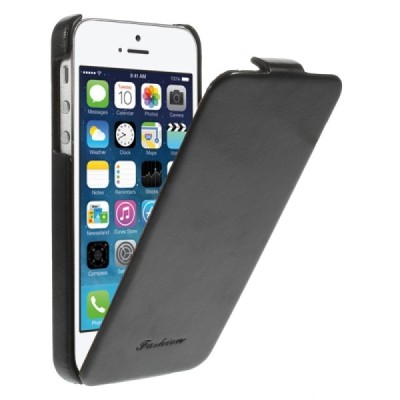 Apple iPhone SE (5, 5s) vertikaliai (žemyn, į apačią) atverčiamas klasikinis juodas dėklas / Priedai.lt