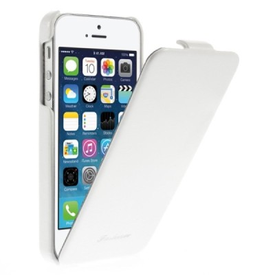 Apple iPhone SE (5, 5s) vertikaliai (žemyn, į apačią) atverčiamas klasikinis baltas dėklas / Priedai.lt