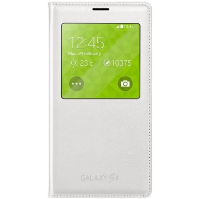 Samsung Galaxy S5 G900 (S5 Neo G903) S View Cover atverčiamas baltas odinis dėklas / Priedai.lt
