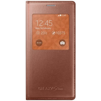 Samsung Galaxy S5 mini (G800) S View Cover atverčiamas auksinis odinis dėklas - knygutė (EF-CG800b) / Priedai.lt