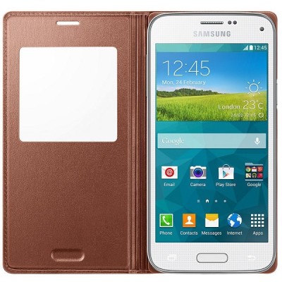 Samsung Galaxy S5 mini (G800) S View Cover atverčiamas auksinis odinis dėklas - knygutė (EF-CG800b) / Priedai.lt