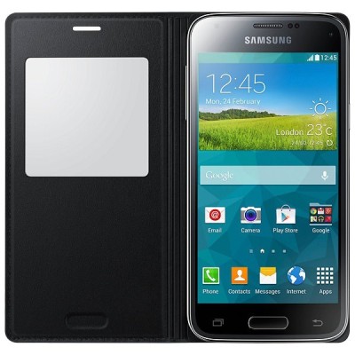 Samsung Galaxy S5 mini (G800) S View Cover atverčiamas juodas odinis dėklas - knygutė (EF-CG800b) / Priedai.lt