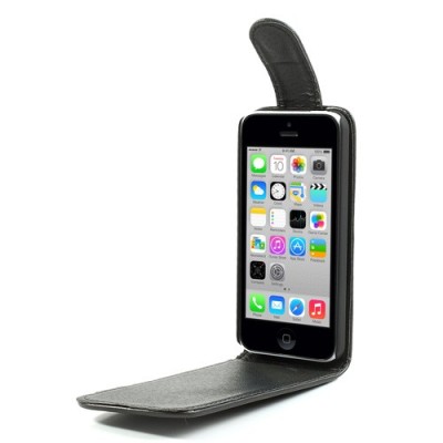 Apple iPhone 5C klasisks ādas vertikāli atvēramais melns futrālis / Vacins.lv