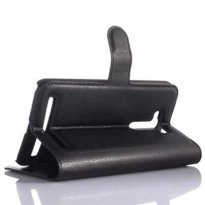 Asus Zenfone 2 Laser 5.0 (ZE500KL, ZE500KG) atverčiamas juodas odinis Litchi dėklas - piniginė / Priedai.lt