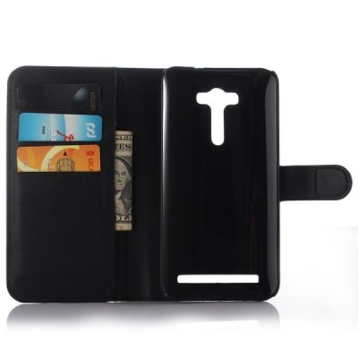 Asus Zenfone 2 Laser 5.0 (ZE500KL, ZE500KG) atverčiamas juodas odinis Litchi dėklas - piniginė / Priedai.lt