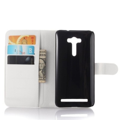 Asus Zenfone 2 Laser 5.0 (ZE500KL, ZE500KG) atverčiamas baltas odinis Litchi dėklas - piniginė / Priedai.lt