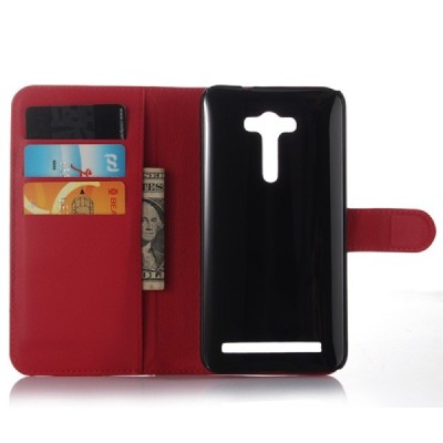 Asus Zenfone 2 Laser 5.0 (ZE500KL, ZE500KG) atverčiamas raudonas odinis Litchi dėklas - piniginė / Priedai.lt