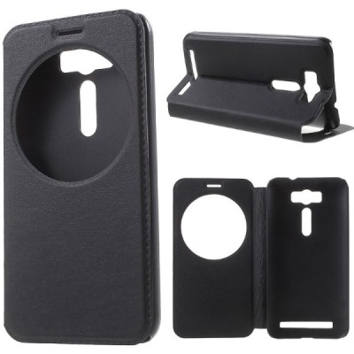 Asus Zenfone 2 Laser 5.0 (ZE500KL, ZE500KG) juodas odinis atverčiamas „View Window“ dėklas su langeliu / Priedai.lt