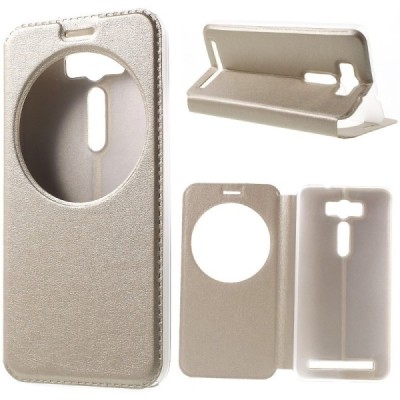 Asus Zenfone 2 Laser 5.0 (ZE500KL, ZE500KG) auksinis odinis atverčiamas „View Window“ dėklas su langeliu / Priedai.lt