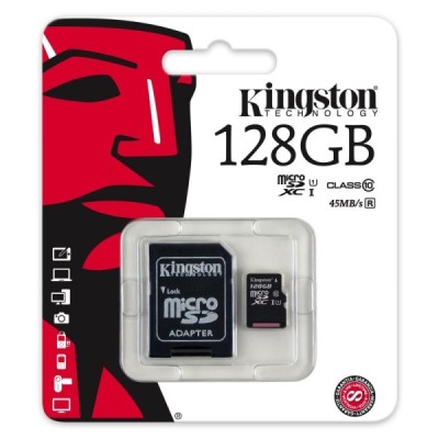 „Kingston“ MicroSD atminties kortelė 128 Gb, 10 Klasė, U1, V10 su SD adapteriu / Priedai.lt