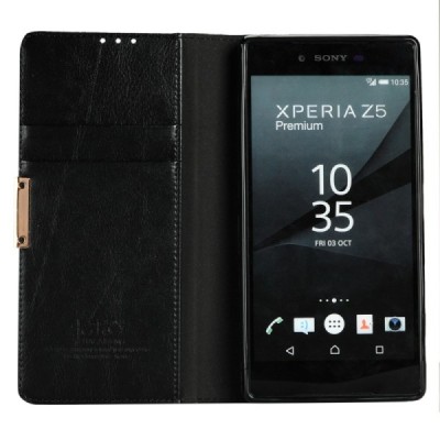 Sony Xperia Z5 Premium (E6853) „Kalaideng“ Royale ādas atvēramais melns futrālis / Vacins.lv