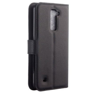 LG K10 (K420N) atvēramais melns ādas Litchi maciņš - maks / Vacins.lv