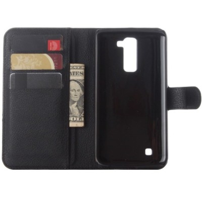 LG K10 (K420N) atvēramais melns ādas Litchi maciņš - maks / Vacins.lv