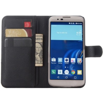 LG K10 (K420N) atvēramais melns ādas Litchi maciņš - maks / Vacins.lv