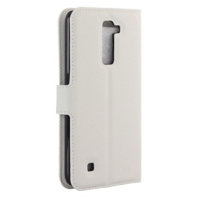 LG K10 (K420N) atvēramais balts ādas Litchi maciņš - maks / Vacins.lv