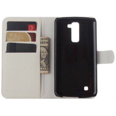 LG K10 (K420N) atvēramais balts ādas Litchi maciņš - maks / Vacins.lv