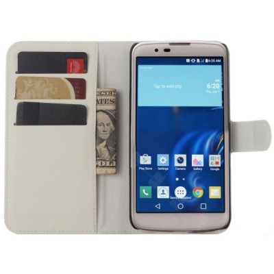 LG K10 (K420N) atvēramais balts ādas Litchi maciņš - maks / Vacins.lv