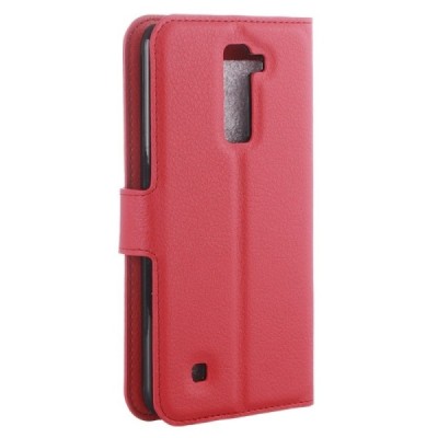 LG K10 (K420N) atvēramais sarkans ādas Litchi maciņš - maks / Vacins.lv