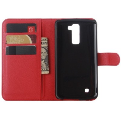 LG K10 (K420N) atvēramais sarkans ādas Litchi maciņš - maks / Vacins.lv