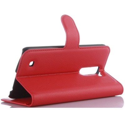 LG K10 (K420N) atvēramais sarkans ādas Litchi maciņš - maks / Vacins.lv