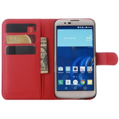 LG K10 (K420N) atvēramais sarkans ādas Litchi maciņš - maks / Vacins.lv