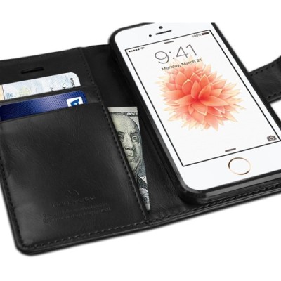 Mercury Blue Moon atverčiamas Apple iPhone SE (5, 5s) juodas odinis dėklas - piniginė / Priedai.lt